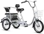 DEFGHIJ Tricycle Adult 16inch 3 Wheel Bicycle with Back Seat Single Speed Trike Bike Cargo Basket Adjustable Seats and Handlebars Load 200kg for Seniors Women Men (Grey)