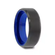 Thorsten RIGEL Blue Inside Flat Beveled Edges Black Tungsten Ring with Brushed C