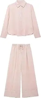 [Generic] Women Suit Two Piece Set Elegant Shirt Long Sleeve Top High Waist Tie with Wide Leg Pants Set