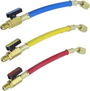 Chinflly Charging Hoses and Ball Valve Set,R134A R410 R22 3 Pcs Color Coded Hoses/w Ball Valve 1/4" SAE for AC HVAC Maintenance Kit and Air Condition Refrigeration Charging Tools