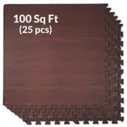 100 SqFt 3/8" EVA Dark Wood Grain Foam Floor Mat Interlocking Flooring 25 pcs
