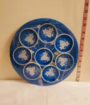 VINTAGE Tin Coaster W/Platter Set NIP Norex Royal Blue background 8-pc. NOS!