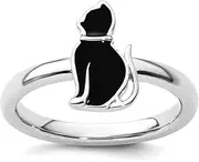[JewelryWeb] 925 Sterling Silver Polished Black Enameled Cat Stackable Ring-Stackable-Ring for Women