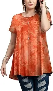[MEIJUN] RAYWE Women Plus Size Tunic Tops Floral Print Short Sleeves Vintage Flared Casual Loose Blouse Orange 4XL