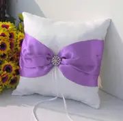 White Silk Purple Sach Wedding Ring Bearer Pillow - Diamante Violet Bow Design