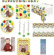Curious George Birthday Party Supplies Decoration Bundle Pack includes Dessert Cake Plates, Napkins, Table Cover, Happy Birthday Banner, Hanging Swirl Decorations, George Candle Decoration Set