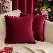 2x Square Throw Pillows with Cute Pom-poms for Couch Sofa Bedroom Decor (Inserts + Pillow Covers, Wine Red )