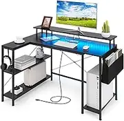 Giantex 120cm L-Shaped Gaming Desk, Computer Desk w/LED Lights & Power Outlets, Corner Game Desk w/Storage Shelves & Monitor Stand, Metal Frame, Home Office (Black)