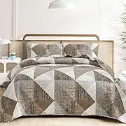 Dintszyayue Quilt Queen Size Brown, 3 Pieces Patchwork Bedspread Bedding for Queen Size Bed, Soft Lightweight Microfiber Geometric Coverlet Set for All Season Quilt with 2 Pillowcases