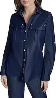 [Halston] Women's Roll-tab Sleeve Denim-Like Collared Top