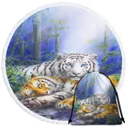 Painted Art Orange and White Tigers Round Beach Towel
