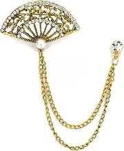 [Knighthood] Antique Gold Fan with Stone and Pearl Engraving Hanging Tassel Chain Collar Pin Brooch, Suit Stud, Shirt Studs, Lapel Pin Accessories for Men Women, Metal, no gemstone