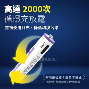 台灣認證 新型Type-C充電孔 2475mWh USB可充式鋰離子3號AA充電電池-一卡4入裝