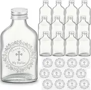 Chuangdi 16 Sets Baptism Rosary Holy Bottle Set 1.7oz Christian Water Container Glass Empty Baby Shower Containers for Easter Baptism Party Church Table Boy Girl Newborn Gift (Silver)