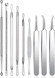 Comedone Acne Blackhead Extractor Tool 9PCS Stainless Steel Pimple Remover Clip Kit Curved Tweezer Treatment