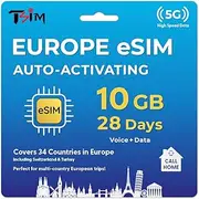 eSIM for Europe Travel 28Days Holiday with CallHome & Hotspot Tethering. Auto-Activating. 5G Enabled. Roam in 34 Countries incl Switzerland, Turkey