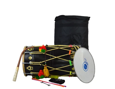 New Traditional Punjabi Bhangra Lion Skin Dhol Black Surface Free With Bag