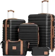 [COOLIFE] Suitcase Trolley Carry On Hand Cabin Luggage Hard Shell Travel Bag Lightweight The Suitcase Included 1pcs Travel Bag and 1pcs Toiletry Bag (Black, 5 Piece Set)