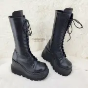 Shaker 72 Black Platform 4.5" Wedge Mid Calf Goth Punk Rave Boots NY DEMONIA