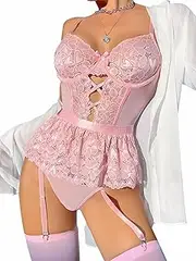 [ZPLxi] Women's Sexy Lingeries Sets Lace Up Corset V Neck Floral Teddy Babydolls Pajamas with Stockings Adjustable Halter Sleepwear 3 Piece