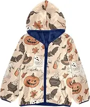 [GuoChe] Girls Sherpa Jacket With Hood Happy Halloween Pumpkins Retro Toddler Girls Coat Navy Blue Baby Boy Clothes Fleece