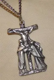 Handsome Mary & Peter with Christ Crucifixion Cross Silvertone Pendant Necklace