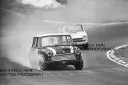 Mini Cooper BMC factory racer John Rhodes 1966 Brands Hatch auto racing photo