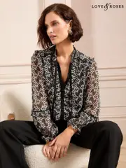 Love & Roses Black/White Printed Tie Neck Detail Long Sleeve Blouse (AD7000) | $97
