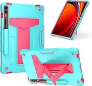 elitegadget Hybrid Case for Samsung Galaxy Tab S9 FE+ Plus 12.4" (SM-X610/X616) / Galaxy Tab S9+ Plus 12.4" (SM-X810/X816/X818) - Dual Layer Hybrid Case Cover with Kickstand (Teal/Pink)