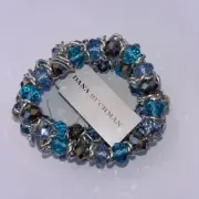 Dana Buchman Blue Glass Faceted Crystal Bead Silver Tone Wide Stretch Bracelet