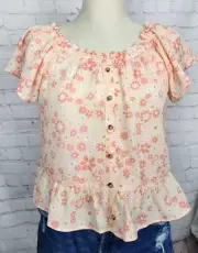 Pink Rose Blouse Floral Ruffle Button Up BOHO Cottagecore Romance Peasant Size S