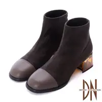 在飛比找momo購物網優惠-【DN】短靴_彈力布拼接牛皮襪套式透明跟 粗跟短靴(咖)