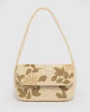 Ivory Floral Beaded Baguette Bag