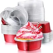 Aluminum Foil Cake Pan Heart Shaped Cupcake Cup with Lids 100 ml/ 3.4 Ounces Disposable Mini Cupcake Cup Flan Baking Cups for Valentine Mother's Day Wedding Xmas Birthday(Red,40 Sets)