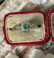 1.12 Ct Round Cut Art Deco Natural Emerald Diamond Ring14K solid White gold