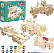 Kraftic Woodworking Building Kit for Kids, with 3 DIY Carpentry Wood Toy Projects- Tractor, Bulldozer and F1