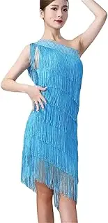 [HEYDHSDC] Women Dress Sexy One Shoulder Tiered Fringe Party Rumba Dance Dress