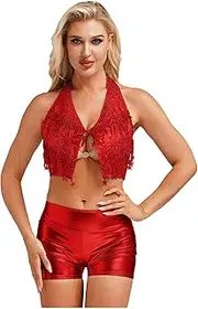 [Yeahdor] Womens Two Piece Dance Outfit Shiny Metallic Dancewear Sleeveless Crop Tops + Hot Shorts Set