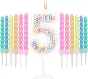 Macaron Number Birthday Candles, Cute Number Candles with 12 Rainbow Spiral Candles, Candy Colour, Cake Topper Candle for Anniversaries, Birthday Parties, Weddings, Boys and Girls (5)
