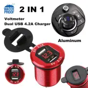 Red 12V Dual USB Port 4.2A Car Cigarette Lighter Charger Socket w/ LED Voltmeter