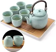 Dujust Japanese Tea Set, Cyan-Blue Porcelain Tea Set with 1 Teapot Set, 6 Tea Cups, 1 Tea Tray, 1 Stainless Infuser, Asian Tea Set for Tea Lover/Women/Men (Bamboo Inspiration - Straight Grain Design)