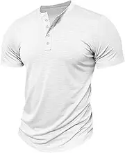 [Zylphorix] Men Quarter Button Casual Polo Shirt Solid Short Sleeve Round Neck Daily T-Shirt Summer Henry Exercise Pullover Top, White, X-Large