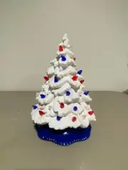 white ceramic Christmas tree with red, white, blue lights, with power cord