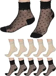 [Lnngub] 10 Pairs Women's Sheer Ruffled Socks, Sheer Socks Women Ultra Thin Cool Silk Socks Nylon Sheer Socks Womens Sheer Ankle Socks Nude Stocking Summer Silk Ankle Socks for Women (Black+Beige),