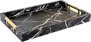 Home Redefined Modern Elegant 18"x12" Rectangle Black Marble Faux Leather Decorative Ottoman Coffee Table Perfume Living Room Kitchen Serving Tray with Gold Polished Handles for All Occasion's