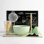Matcha Set, Ceramic Matcha Whisk Set Includes Matcha Bowl, Matcha Whisk and Holder, Bamboo Scoop, Scoop Rest, Sifter and Tea Towel - 7 Pcs Matcha Kit for for Matcha Tea Ceremony (Green)