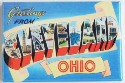 Greetings From Cleveland Ohio MAGNET 2"x3" Fridge Locker Vintage Card Reto