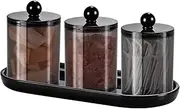 Qtip Holder Bathroom Set with Tray(4PCS) - 3 Pack Acrylic Plastic Apothecary Jars Qtip Dispenser Canister with Lid and Labels, 1 Pack Vanity Tray, for Cotton Ball, Cotton Swab (Black)