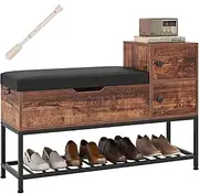 Giantex Entryway Bench, Shoe Bench with Flip Top Box & 2 Door Cabinets, PVC Seat Cushion, Bottom Shoe Rack & Side Hook, Retractable Shoehorn, Storage Organizer (Rustic Brown + Black)