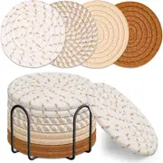 Beige and Khaki Absorbent Woven Cotton Coasters - Set of 8 with Metal Holder - Heat Resistant Drink Mats for Table Protection